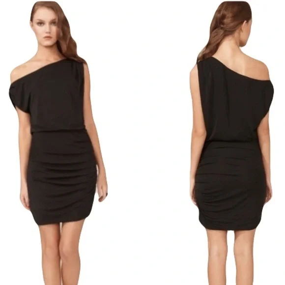 Halston Heritage Black Off-the-Shoulder Ruched Stretchy Lined Cocktail Dress - Picture 1 of 17